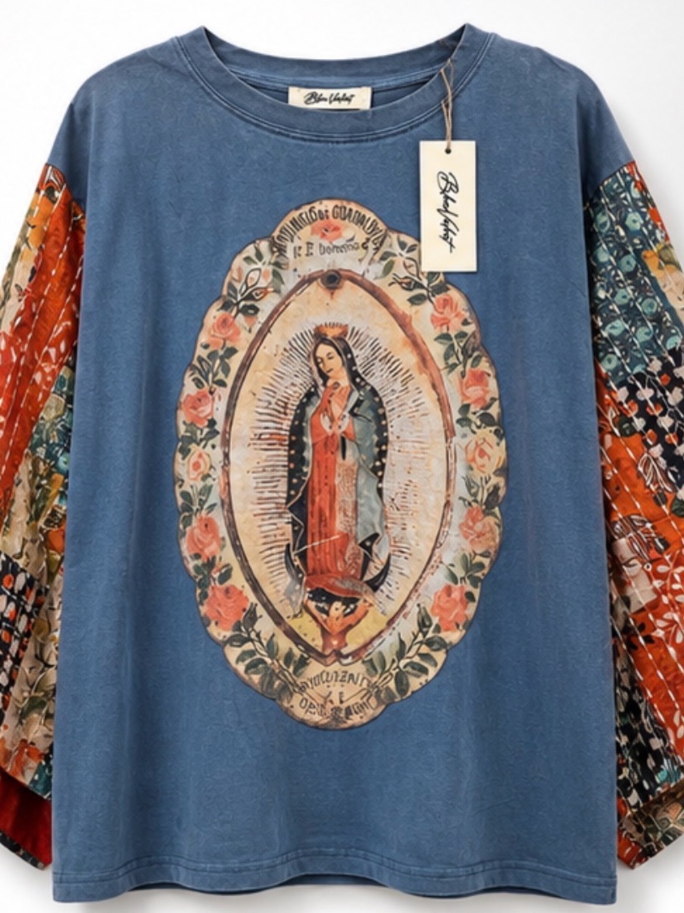Blue Velvet Guadalupe Patchwork Sleeve Top NWT Boho Oversized S/M